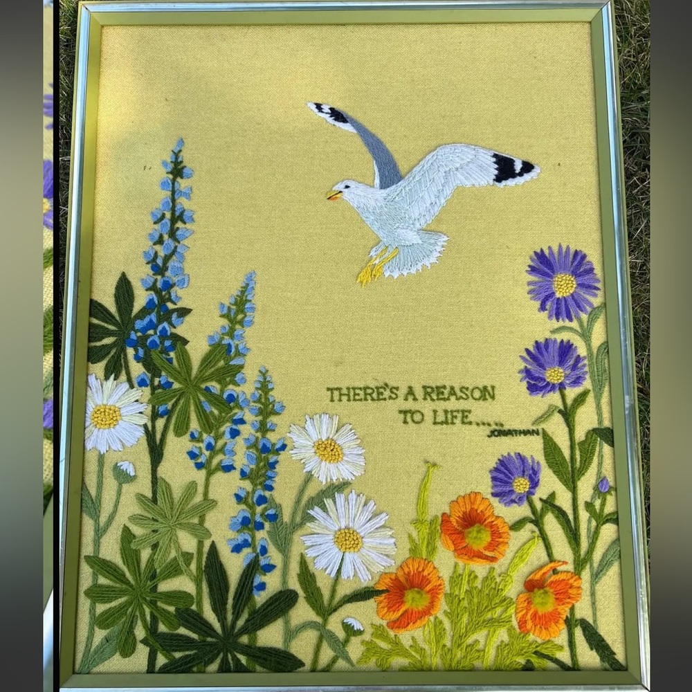 Large vintage crewel landscape with beautiful message